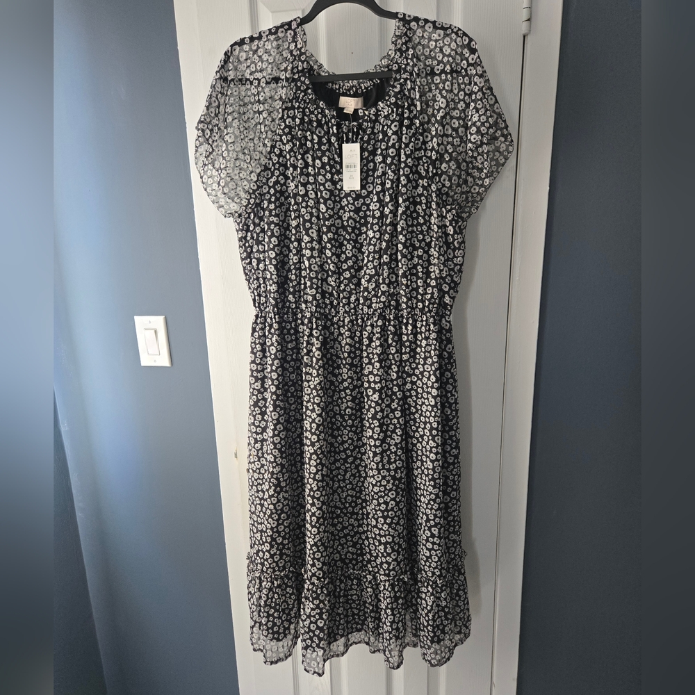 Loft Dainty Floral Black and White Midi Dress (NEW)